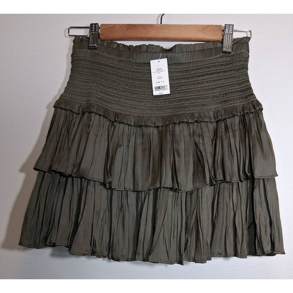 Summerland womens small mini skirt olive green smocked tiered boho